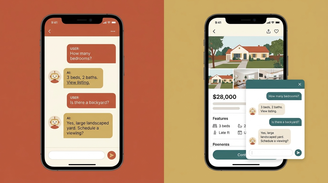 Split screen showing a real estate chat conversation on mobile with instant AI responses alongside a property detail page with a chat widget open