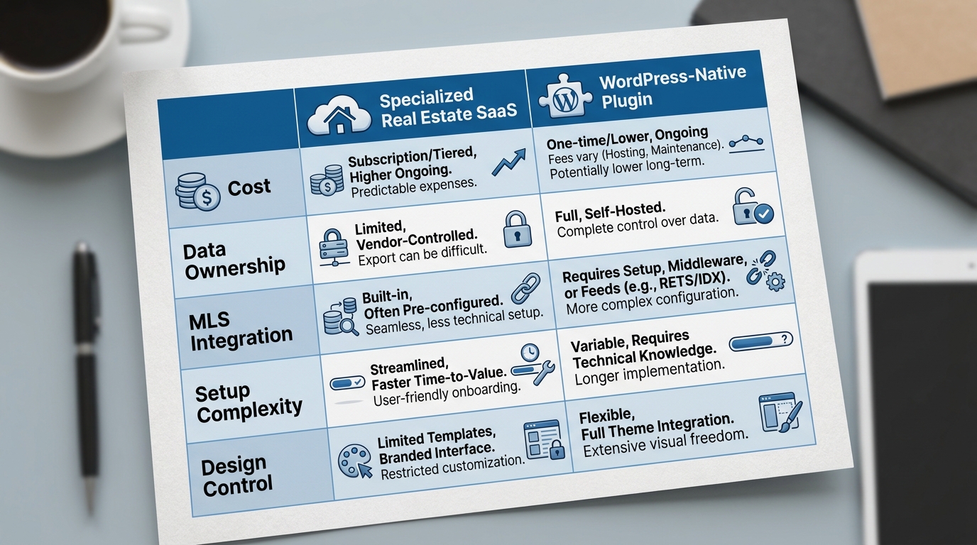 Comparison infographic showing Specialized Real Estate SaaS versus WordPress-Native Plugin across cost, data ownership, MLS integration, setup complexity, and design control
