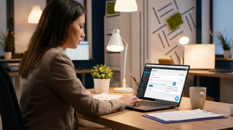 Professional insurance agent at a clean desk with a laptop showing a WordPress website with a chat widget open