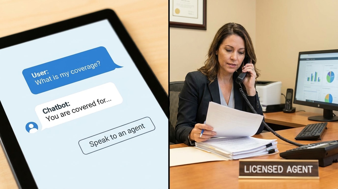 Split image showing a chatbot FAQ interface with a speak-to-an-agent button alongside a licensed insurance agent reviewing documents on a phone call