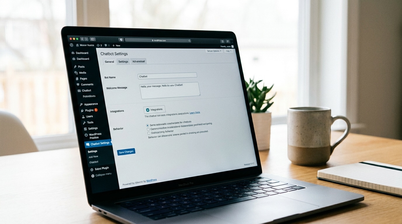 Close-up of a laptop screen showing a WordPress admin dashboard with a chatbot plugin settings panel open in a clean professional workspace
