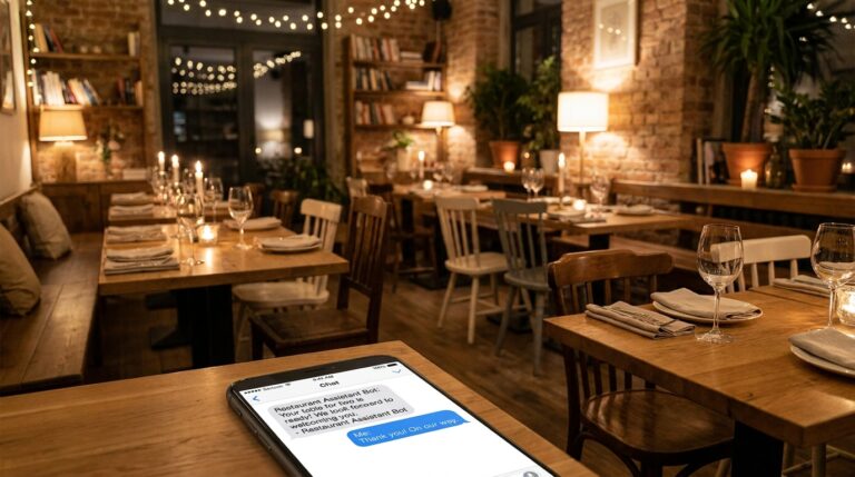 Warm restaurant interior at night with a smartphone in the foreground showing a chatbot conversation with a restaurant assistant