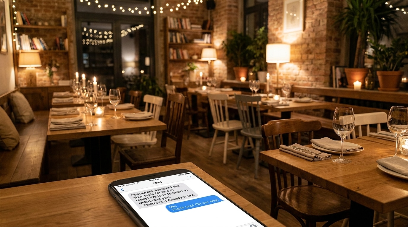 Warm restaurant interior at night with a smartphone in the foreground showing a chatbot conversation with a restaurant assistant