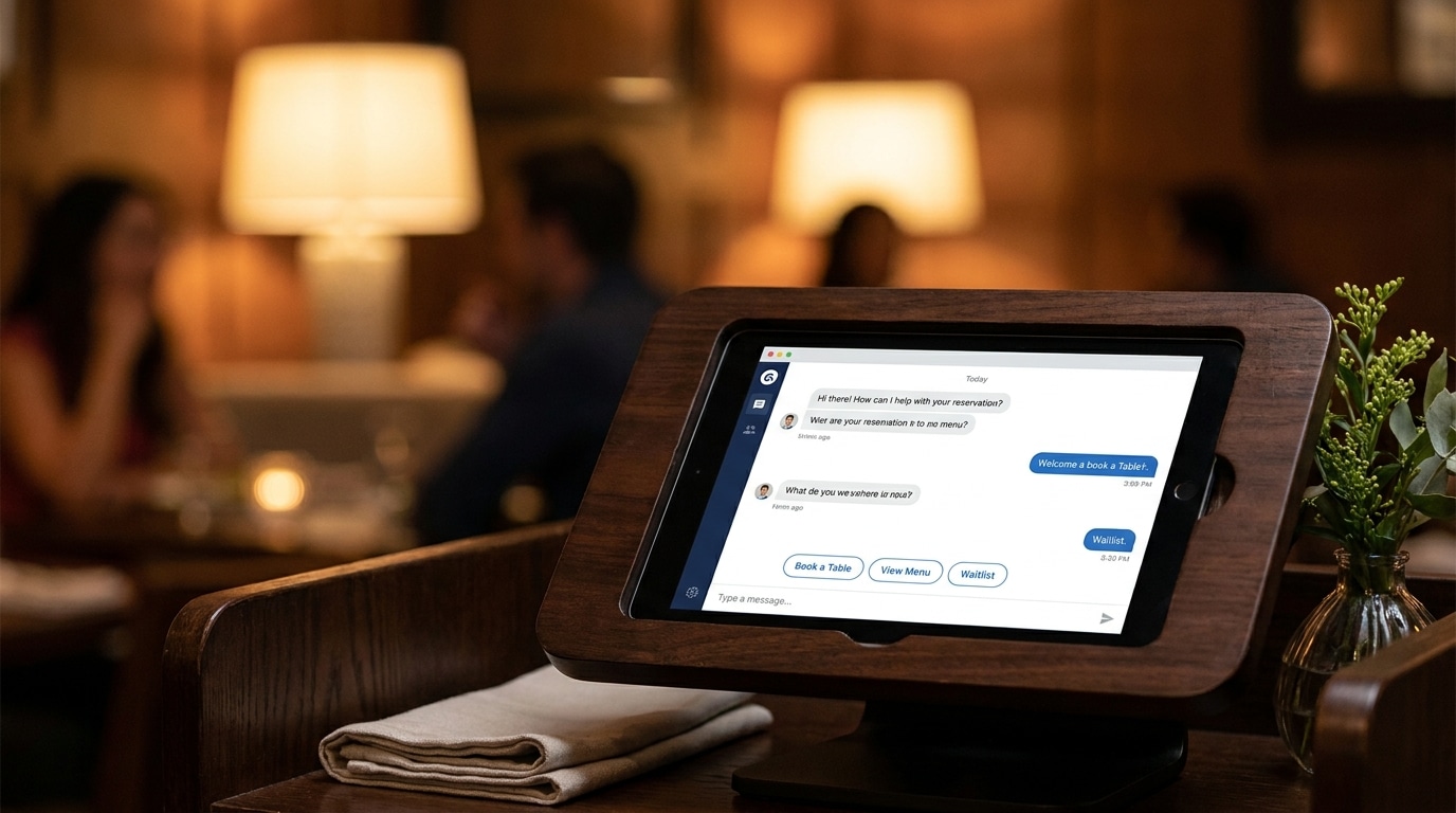 Tablet at a restaurant host stand showing a chatbot interface with reservation and menu questions