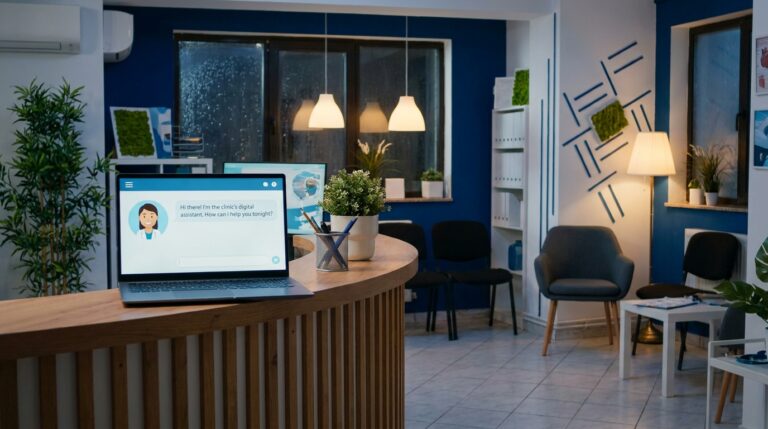 A softly lit medical clinic reception area at night with an empty front desk and a glowing tablet showing a friendly chat interface