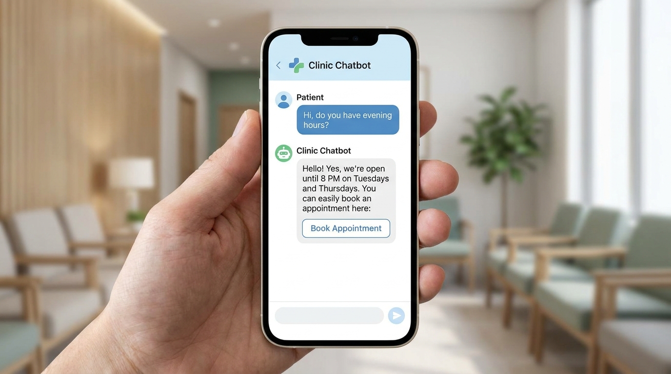 A smartphone screen showing a clean professional chat conversation between a patient and a clinic chatbot, with a question about office hours and a response with a booking link button