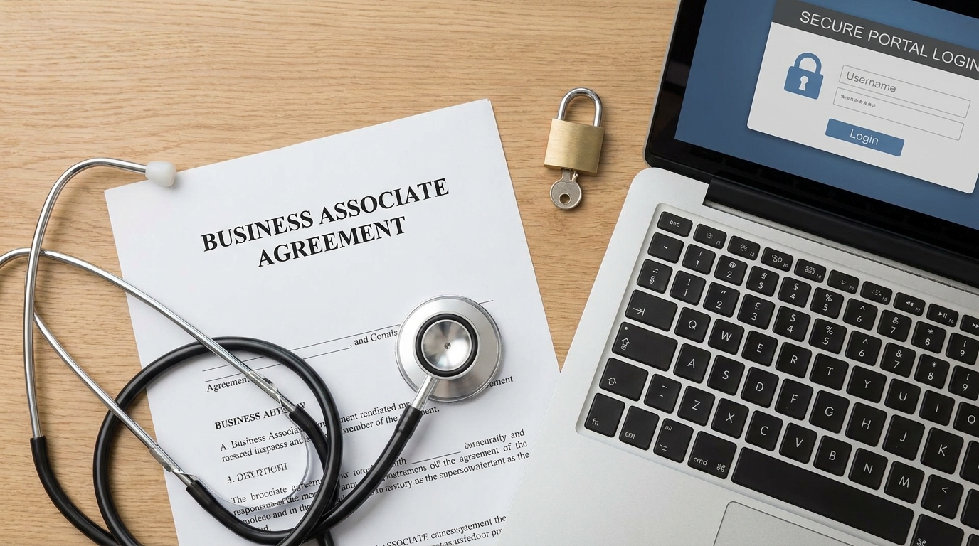 A professional desk with a Business Associate Agreement document, a stethoscope, a laptop showing a secure portal login, and a small padlock icon conveying healthcare data compliance