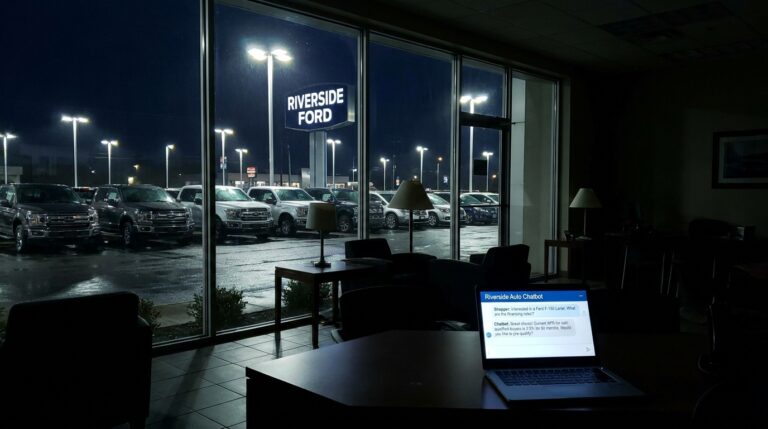 Empty car dealership showroom at night with a chat window open on a laptop showing a conversation about a Ford F-150 and financing options