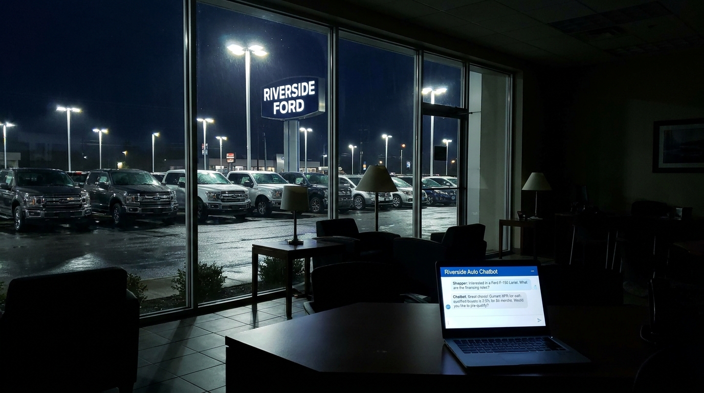 Empty car dealership showroom at night with a chat window open on a laptop showing a conversation about a Ford F-150 and financing options