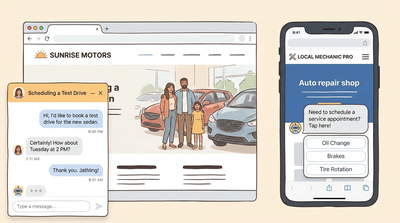 Split-screen showing a car dealership website with a chat widget open for test drive scheduling on desktop, and an auto repair shop website with a service appointment chatbot on mobile