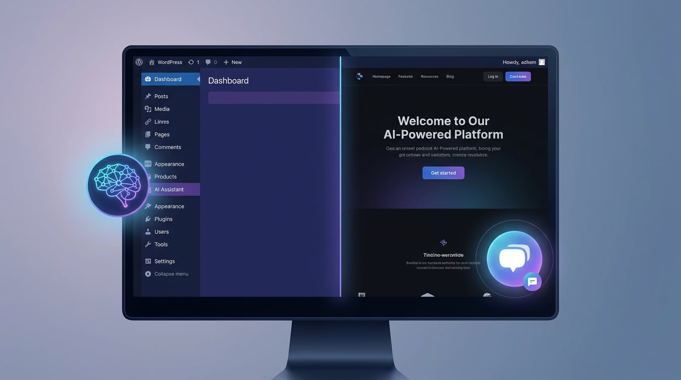WordPress 7.0 admin with its built-in AI abilities on one side and a visitor-facing chatbot widget on the other