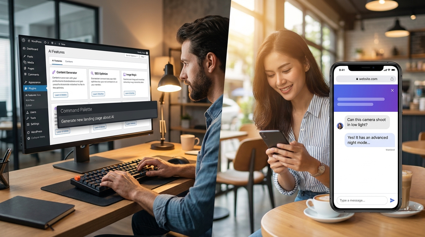 Split scene showing a developer working in WordPress admin with AI abilities on the left, and a customer chatting with a website chatbot on a smartphone on the right