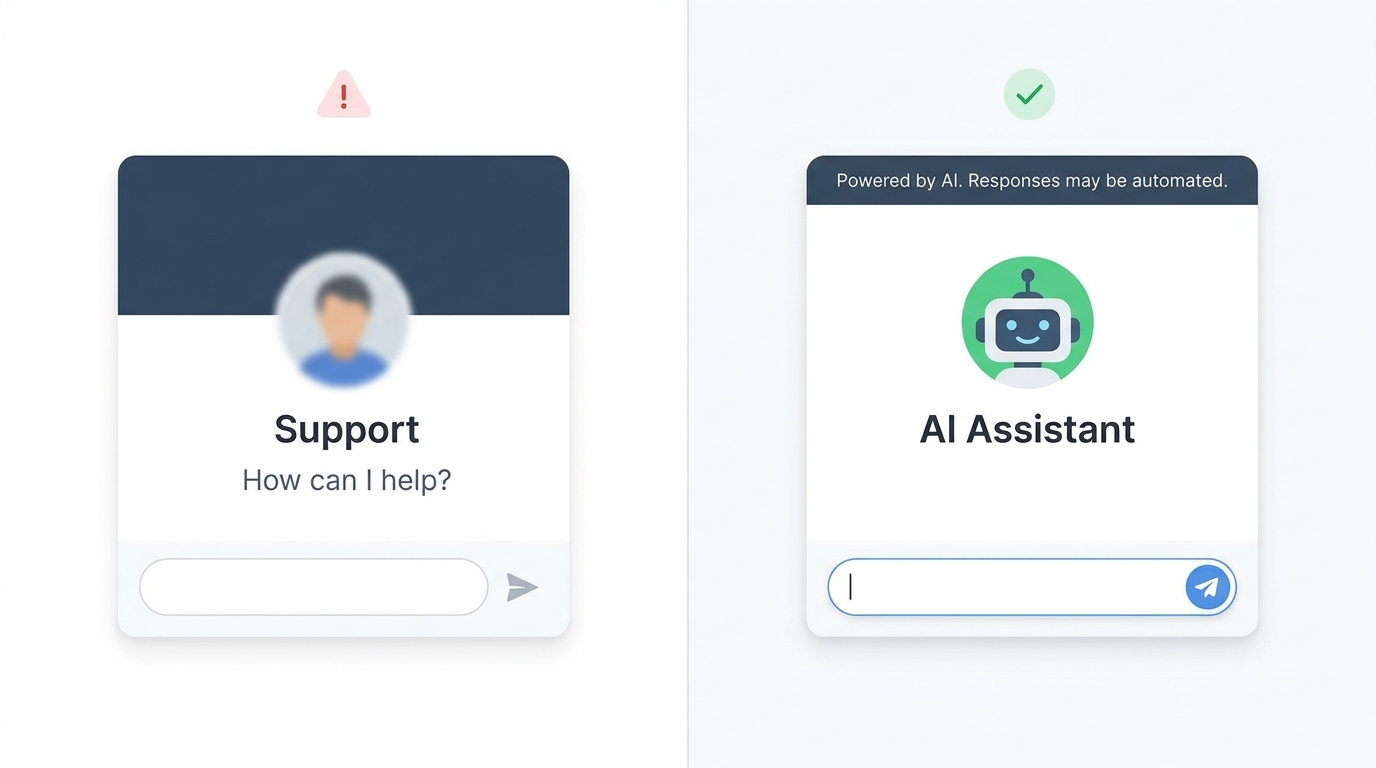 Side-by-side comparison of a chat widget with no AI disclosure and one that clearly identifies itself as an AI assistant