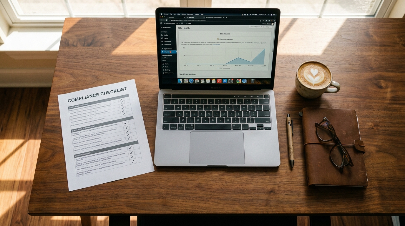 A compliance checklist beside a laptop showing a WordPress admin screen, representing an AI Act chatbot audit