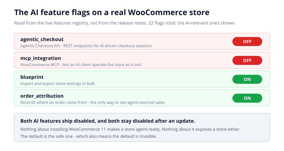 Table of WooCommerce AI feature flags on a live store: agentic_checkout off, mcp_integration off, blueprint on, order_attribution on