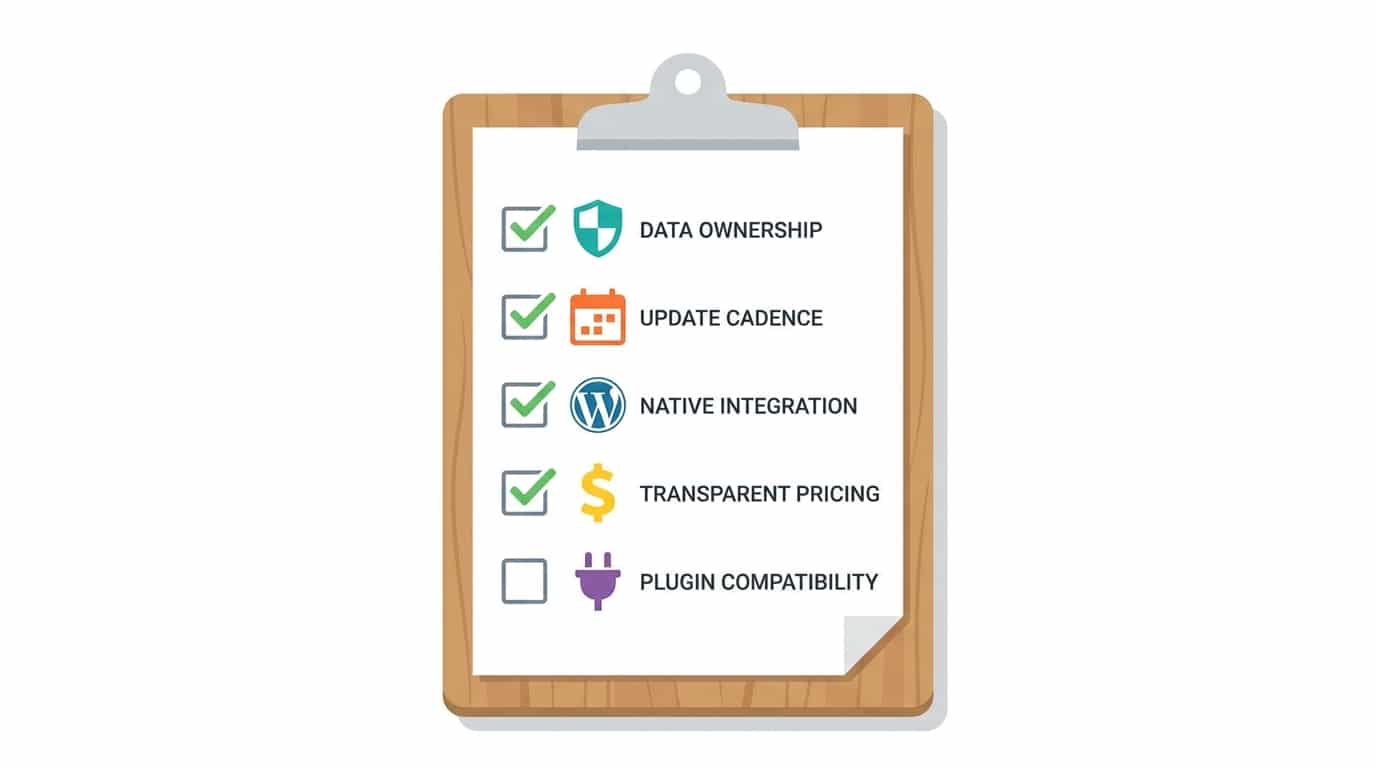 Checklist of criteria for choosing a WordPress chat plugin: data ownership, update cadence, native integration, transparent pricing, plugin compatibility