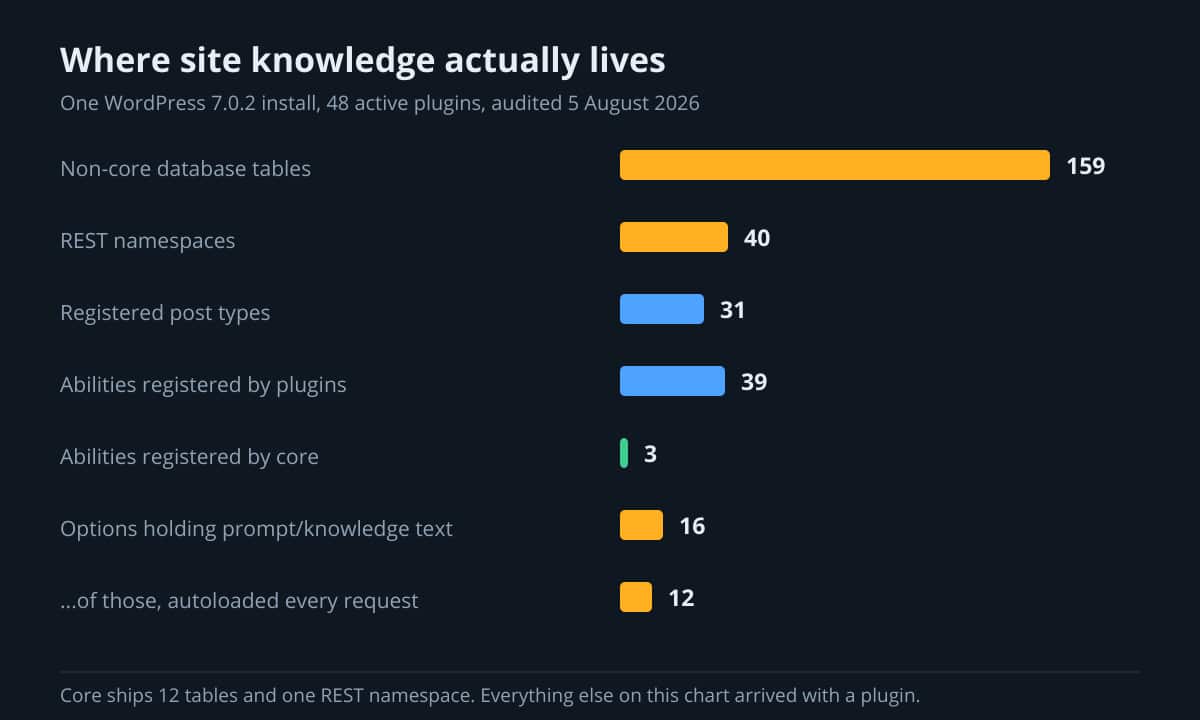 Bar chart of where site knowledge lives on one WordPress install: 159 non-core tables, 40 REST namespaces, 31 post types, 42 abilities, 16 prompt-bearing options